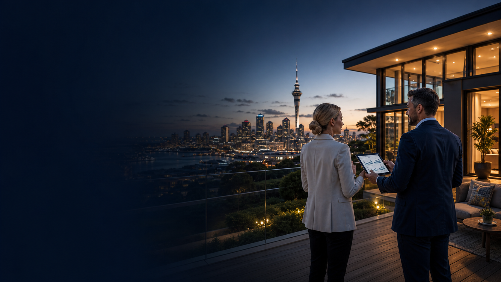 Property managers reviewing an Auckland rental investment from a luxury home terrace